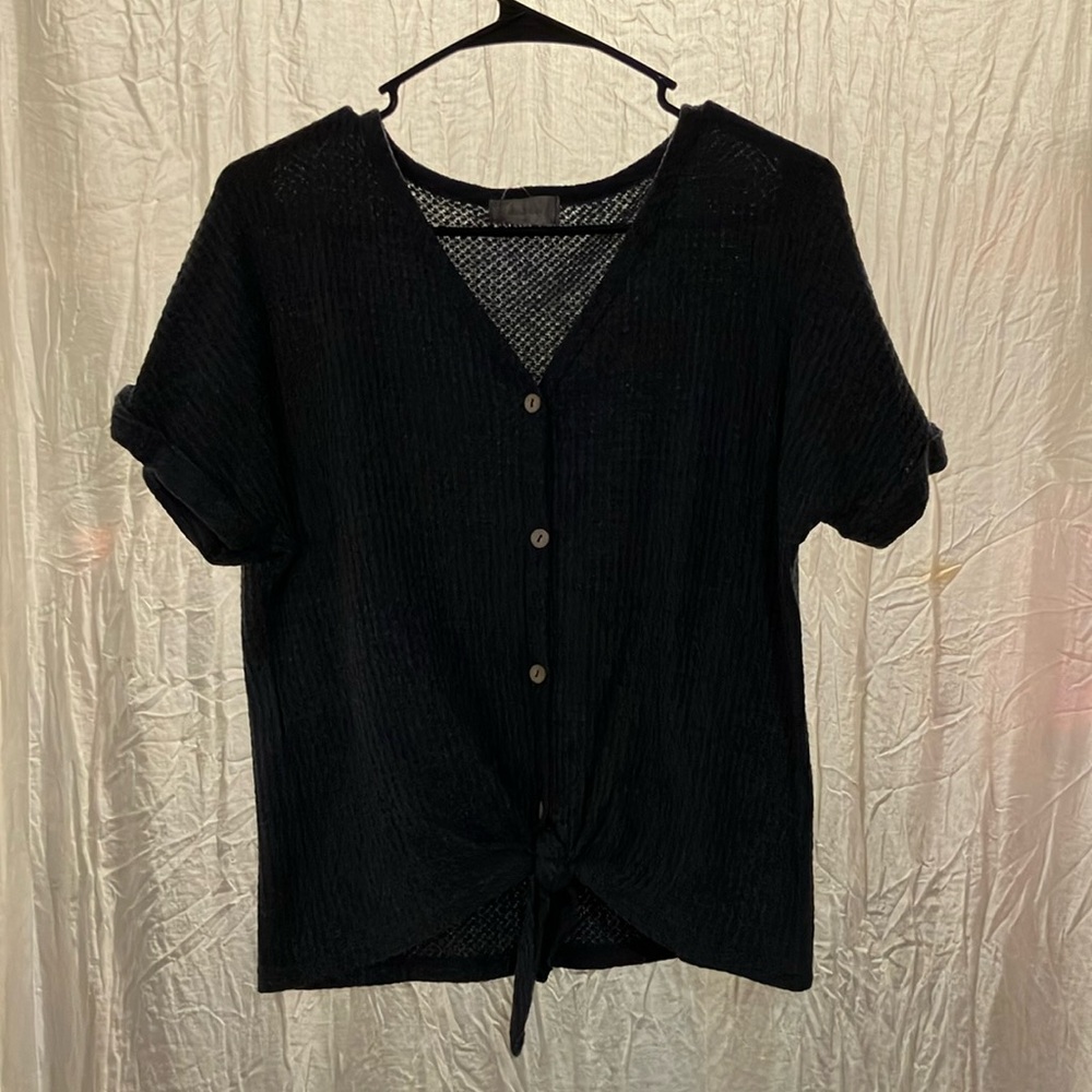 Altar'd State Black Short Sleeve Tie Front Button Down
